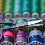 Close up of colorful sewing thread with scissors laying on top