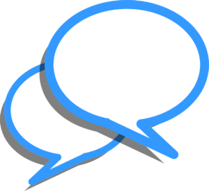 two overlapping white chat bubbles outlined in blue