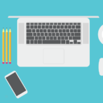Illustration of a computer alongside a mouse, pens and pencils, a phone and coffee
