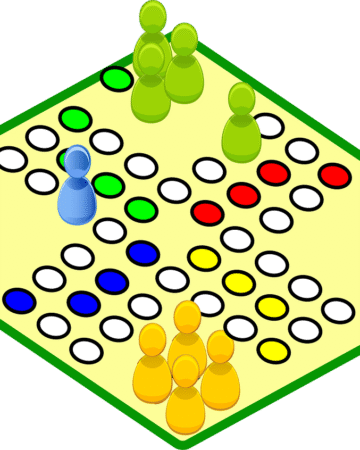 Illustration of a board game. Board has 4 sets of colored tokens.