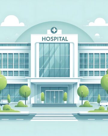 Illustration of a hospital building with a bright blue sky