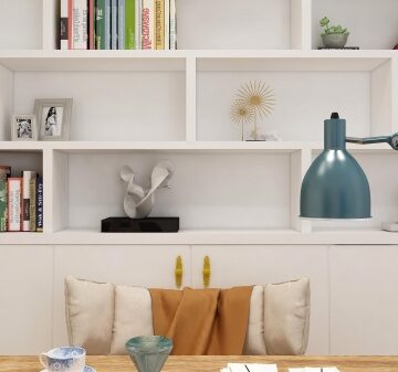 Virtual Zoom Background - scene is an office with ample white shelving that is neatly styled with books and accessories.