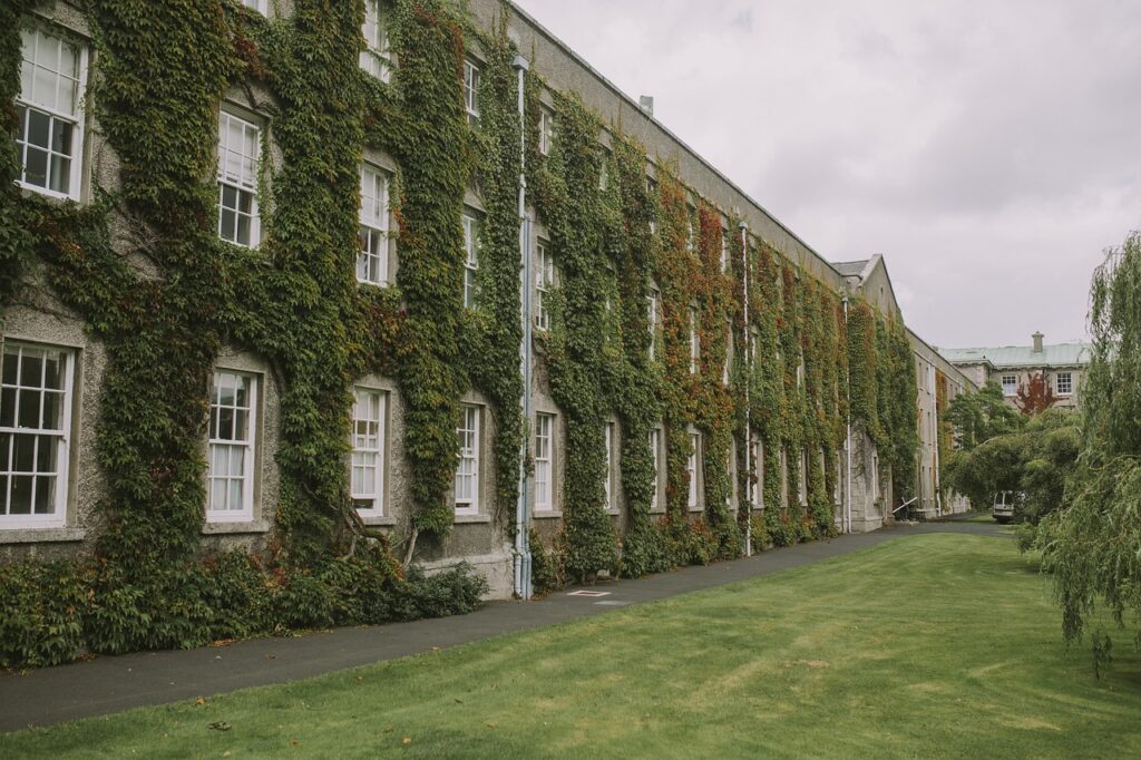 Image of an old time university building sitting on grass.  Building has ivy all over it.