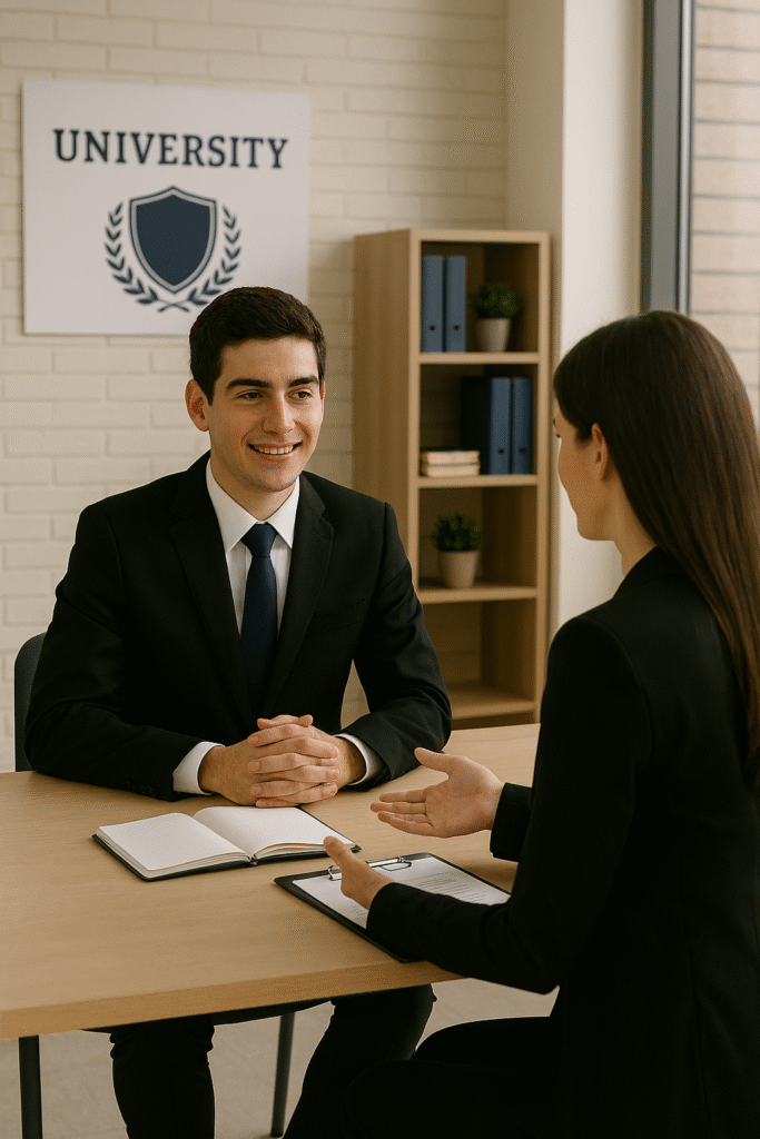 Picture of a young man, wearing a suit, sitting across the table from a woman - presumably for a University interview.